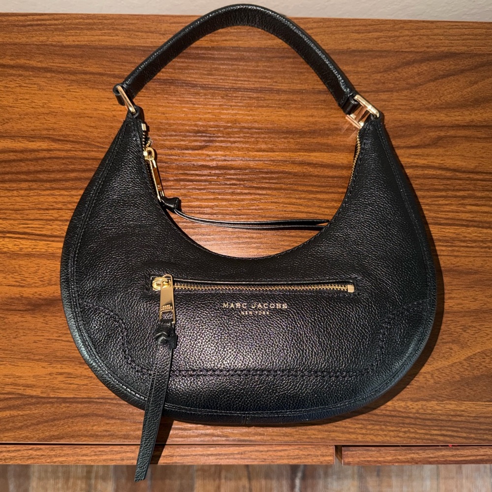 Marc Jacobs Small Black Leather Crescent Shoulder Bag with Gold Hardware